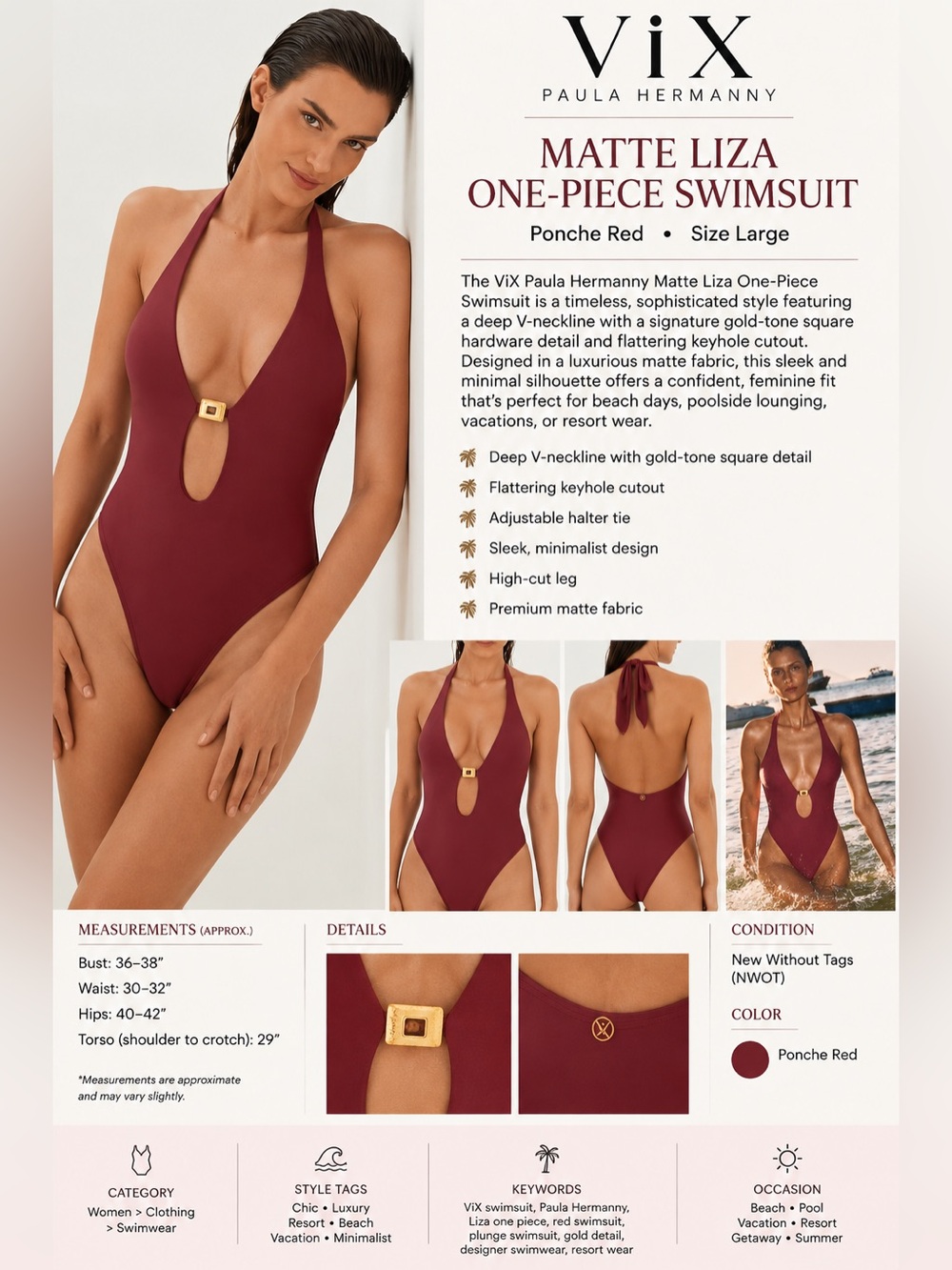 ViX Paula Hermanny Matte Liza One-Piece Swimsuit Ponche Red Size Large